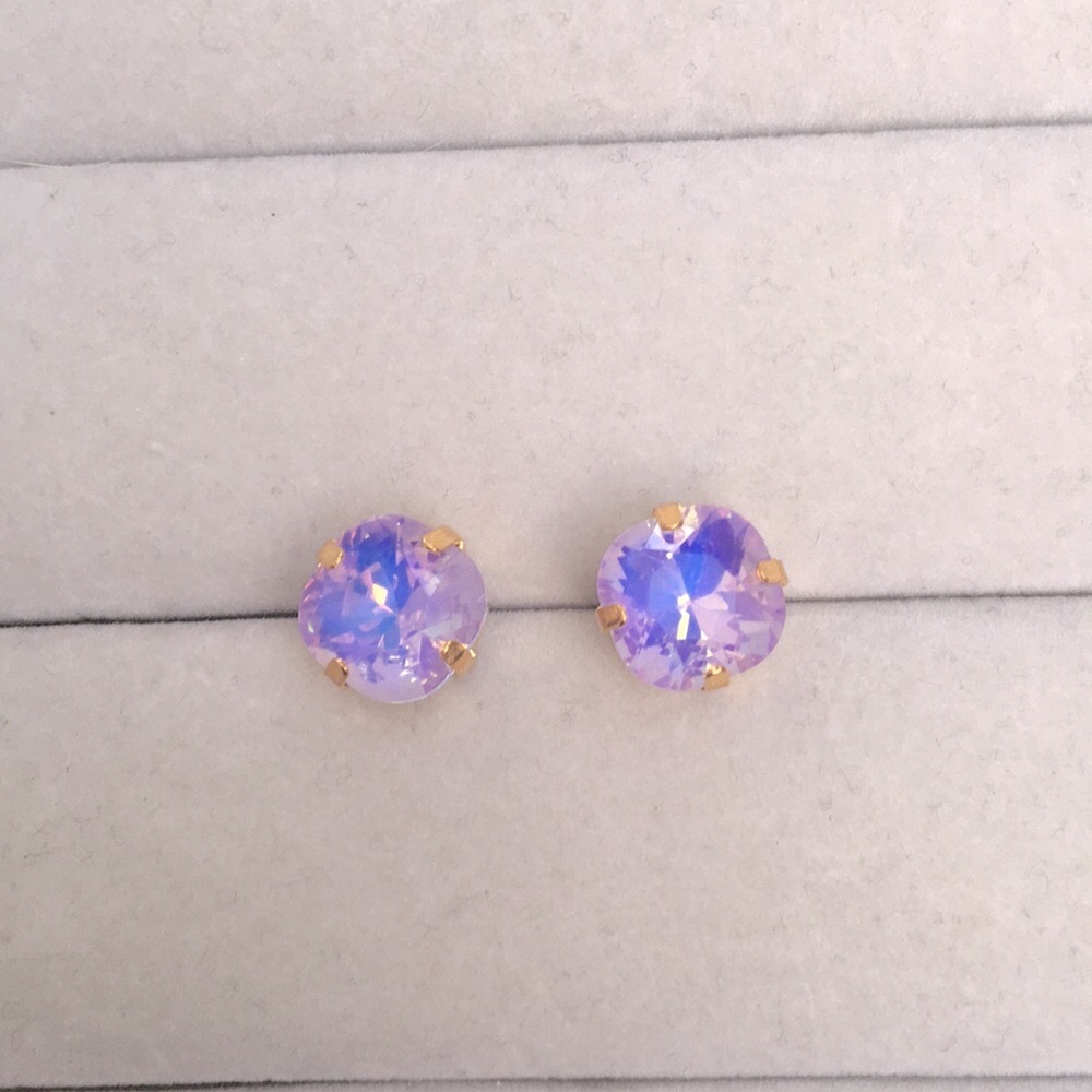 Lilac Purple Opal Aurora Borealis + Gold Cushion Cut Crystal Earrings - Picture 6 of 8